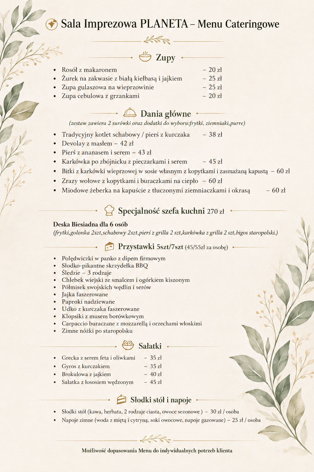 Sala Planeta - menu cateringowe